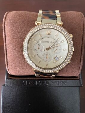 Michael Kors Gold and Tortoiseshell Crystal-Trim Cronograph Watch